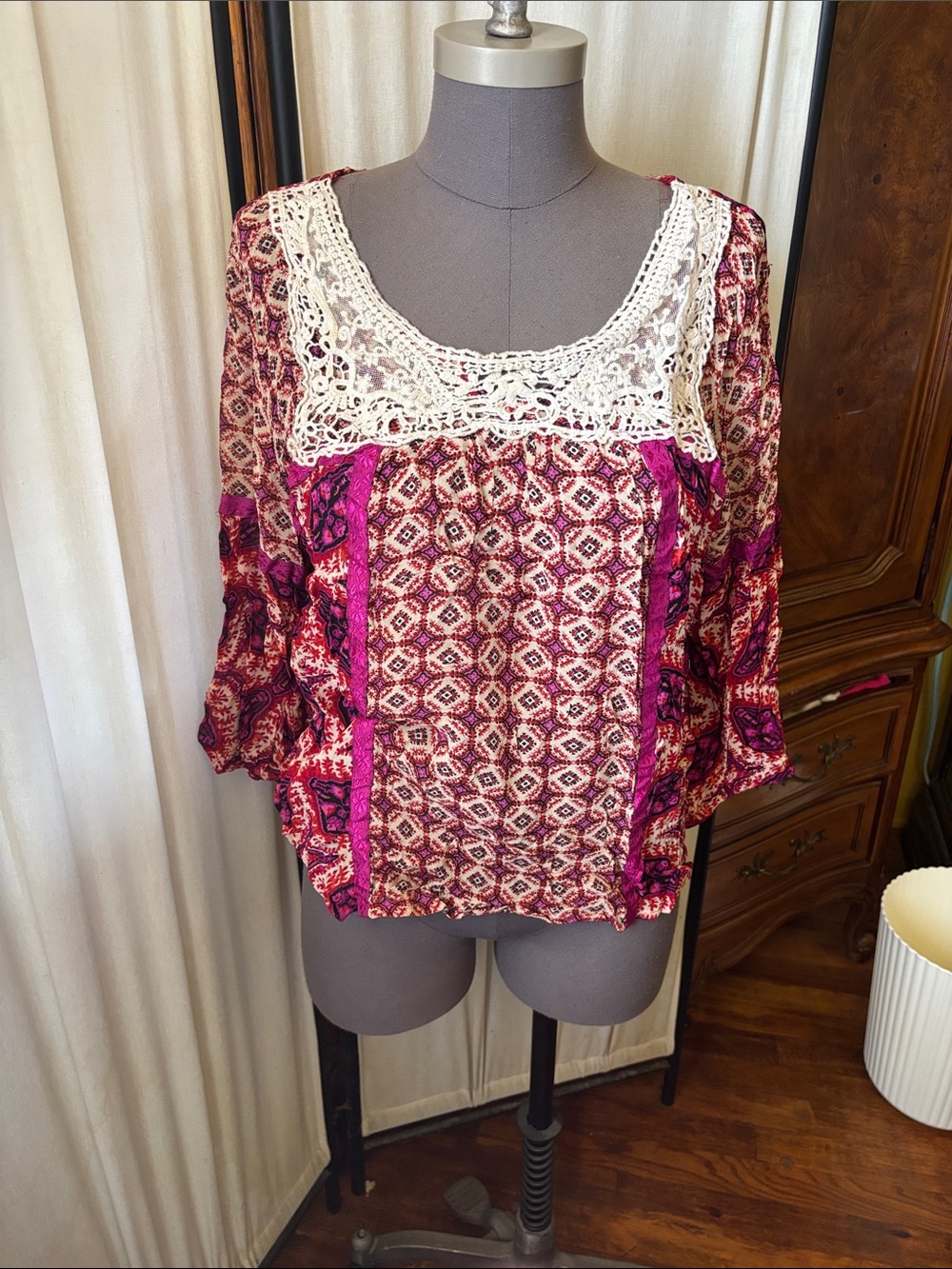 Bila Pink and Cream Crochet-Trim Boho Blouse